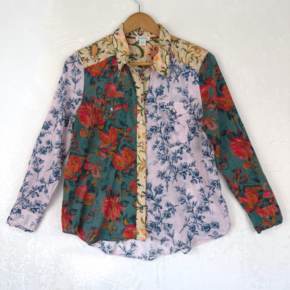 Sundance Mixed Floral Patchwork Cotton‎ Button Down Shirt Petite Medium PM Boho